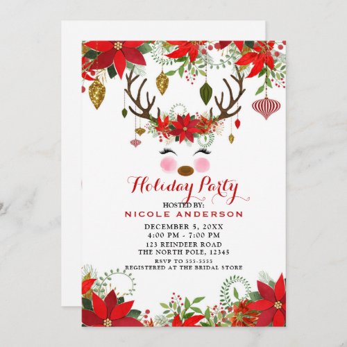 Vintage Modern Floral Reindeer Holiday Party Invitation