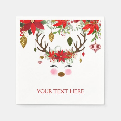 Vintage Modern Floral Reindeer Holiday Party Napkins