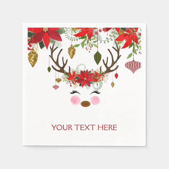 Vintage Modern Floral Reindeer Holiday Party Napkins (Front)
