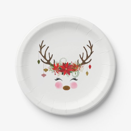 Vintage Modern Floral Reindeer Holiday Party Paper Plates