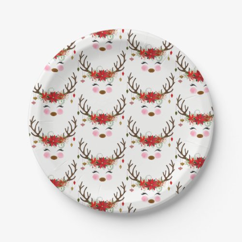 Vintage Modern Floral Reindeer Holiday Party Paper Plates