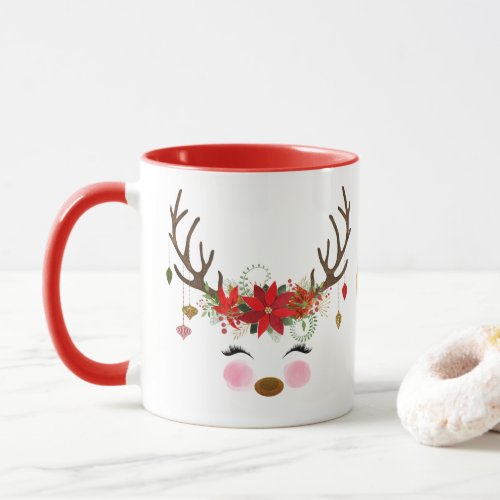 Vintage Modern Floral Reindeer Holiday Whimsical Mug