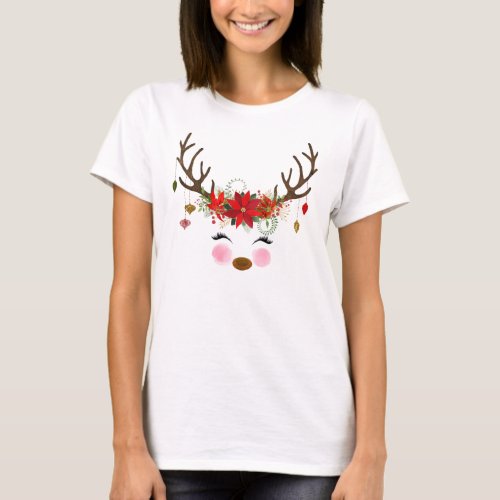 Vintage Modern Floral Reindeer Holiday Whimsical T_Shirt
