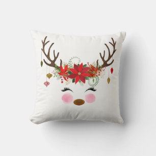 Vintage Modern Floral Reindeer Holiday Whimsical Throw Pillow