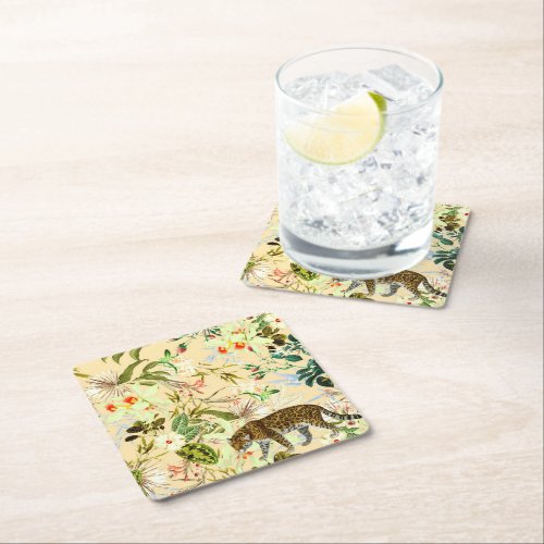 Vintage Modern Flower Tiger Jungle Square Paper Coaster