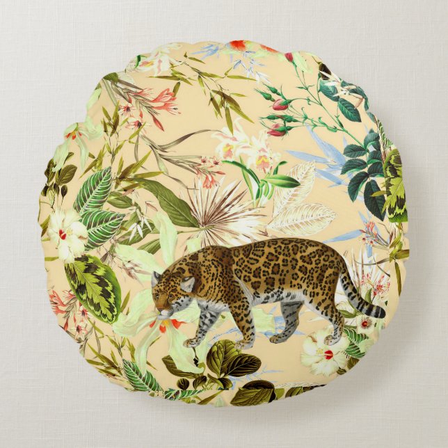 Vintage Modern Flower Tiger Jungle Tropical Round Pillow (Front)