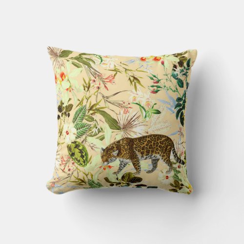 Vintage Modern Flower Tiger Jungle Tropical Throw Pillow