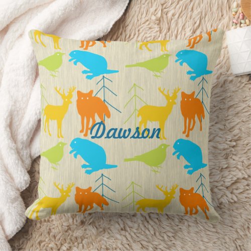 Vintage Modern Fox and Birds Pine Tree Neon Pillow