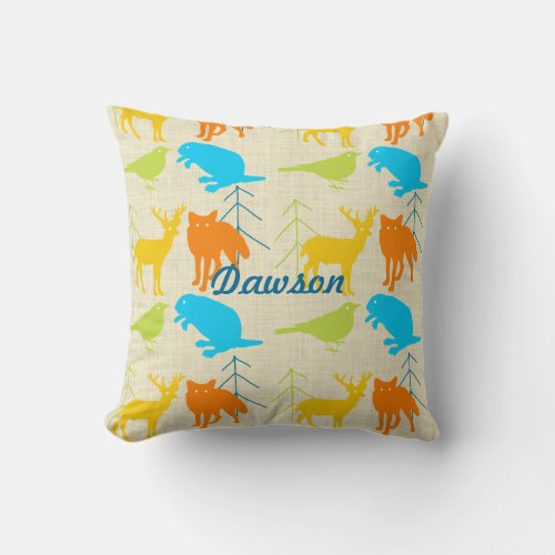 Vintage Modern Fox and Birds Pine Tree Neon Pillow