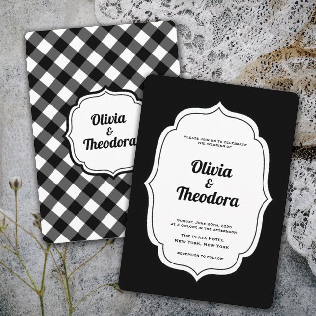 Vintage Modern Gingham wedding invitation (vintage modern elegant black and white gingham check wedding invitation )