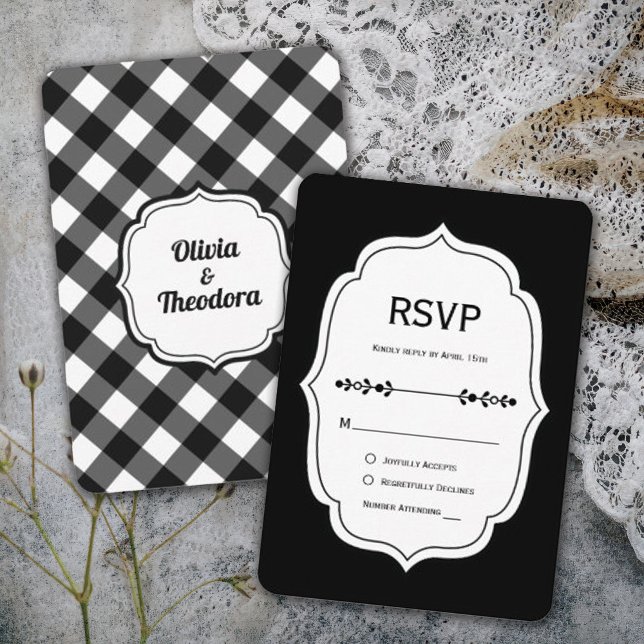 Vintage Modern Gingham Wedding RSVP Cards (vintage modern elegant black and white gingham check wedding RSVP card)