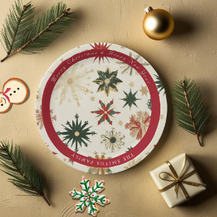 Vintage Modern Gold and Red Snowflakes pattern Paper Plates