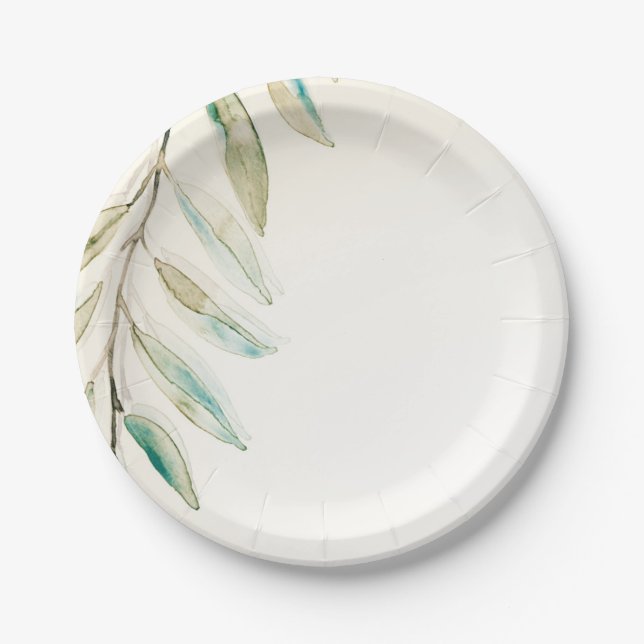 Vintage Modern Greenery Eucalyptus Leaves Wedding Paper Plates (Front)