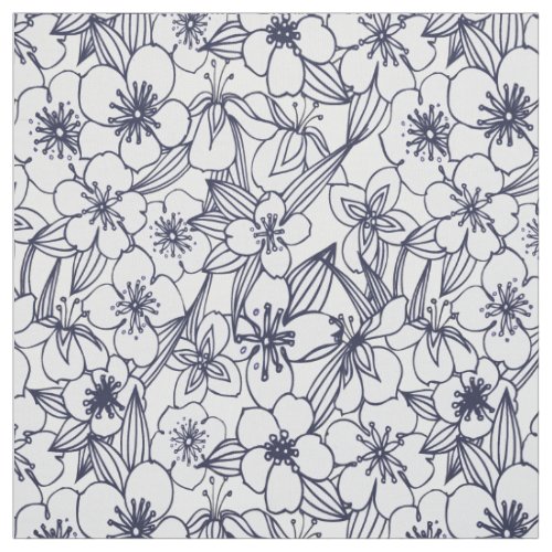 Vintage modern hand drawn navy blue ivory floral fabric