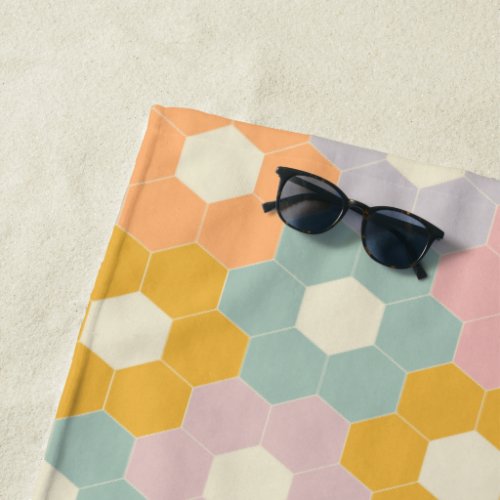 Vintage Modern Hexagon Flower Pattern in Pastel Beach Towel