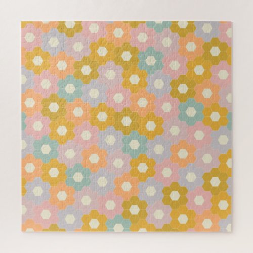 Vintage Modern Hexagon Flower Pattern in Pastel Jigsaw Puzzle