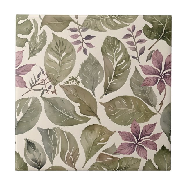 Vintage Modern Leaves Pastel Ceramic Tile (Front)