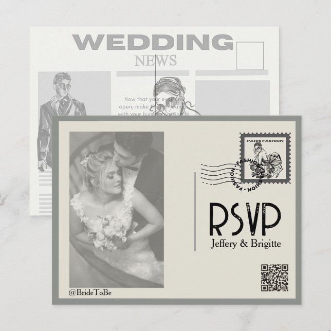 Vintage modern newspaper style wedding  postcard (Front/Back)