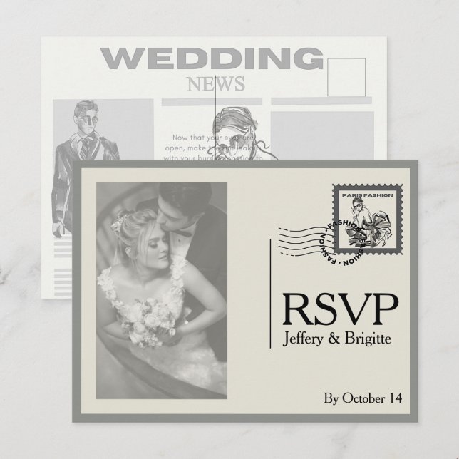 Vintage modern newspaper style wedding  postcard (Front/Back)