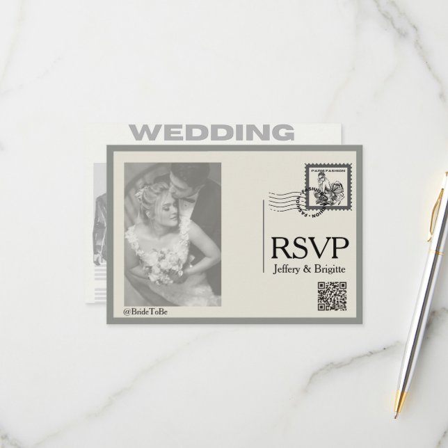 Vintage modern newspaper style wedding  RSVP card (Front/Back In Situ)