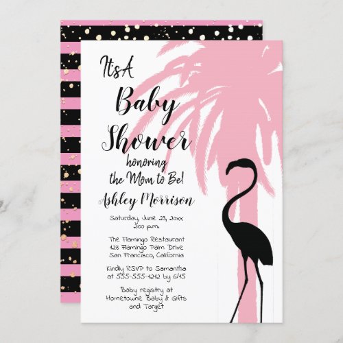 Vintage Modern Pink Flamingo Palm Tree Baby Shower Invitation