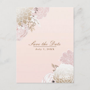 Vintage Modern Pink & Gold Floral Save the Date Announcement Postcard