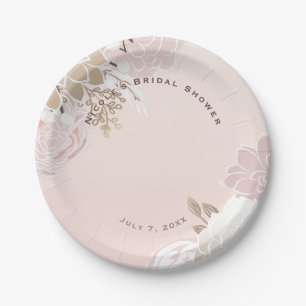 Vintage Modern Pink & Gold Rustic Floral Wedding Paper Plates