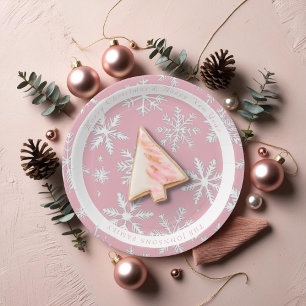 Vintage Modern Pink Snowflakes pattern Paper Plates