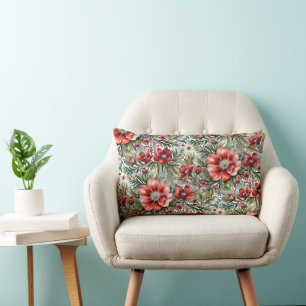 Vintage Modern Red Roses and Fir Lumbar Pillow