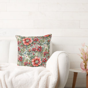 Vintage Modern Red Roses and Fir Throw Pillow
