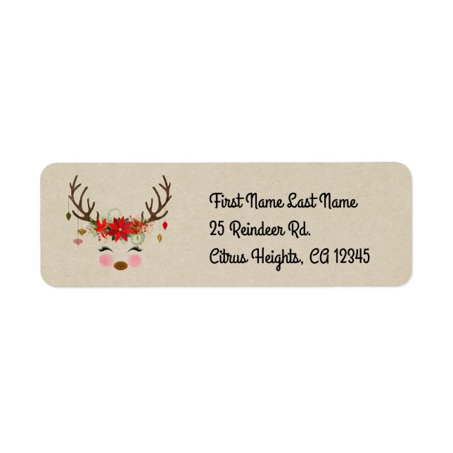 Vintage Modern Reindeer Floral Holiday Rustic Label (Front)