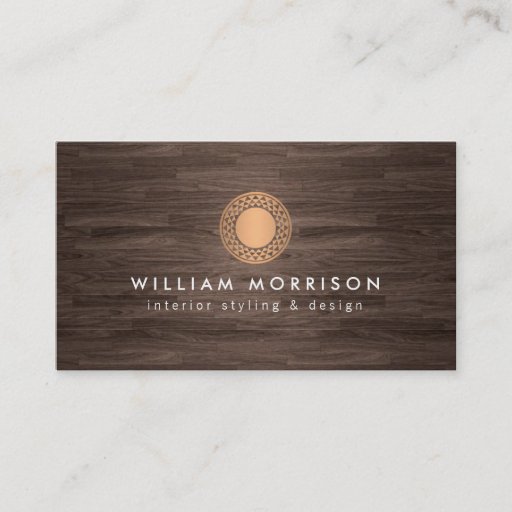 Customizable Vintage Modern Copper Sun Logo on Dark Wood Business Card Template
