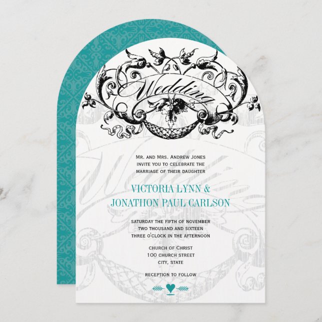 Vintage Modern Teal Aqua Wedding Invitations (Front/Back)