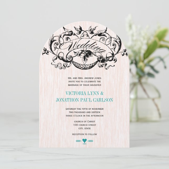 Vintage Modern Teal Aqua Wedding Invitations (Standing Front)