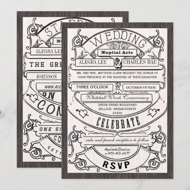 Vintage Modern Typography Ticket Wedding Invite (Front/Back)