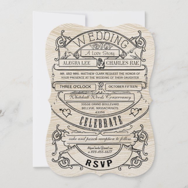 Vintage Modern Typography Wood Wedding Invitation (Front)