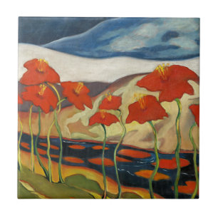 Vintage Modernist Red Poppies Surreal Landscape Ceramic Tile