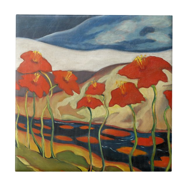 Vintage Modernist Red Poppies Surreal Landscape Ceramic Tile (Front)