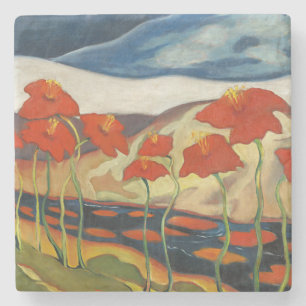 Vintage Modernist Red Poppies Surreal Landscape Stone Coaster