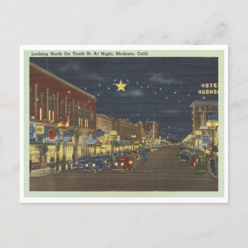 Vintage Modesto California street scene at night Postcard