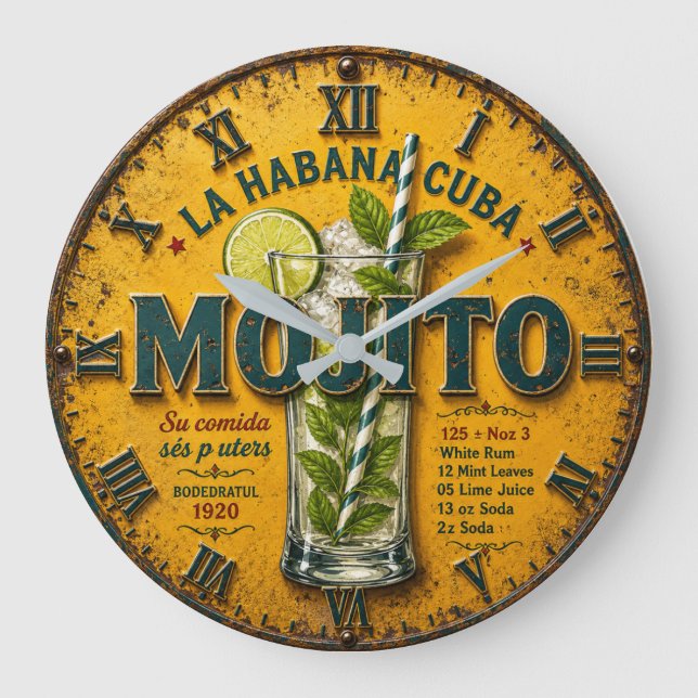 Vintage Mojito Cuban Cocktail Kitchen Large Clock (Front)