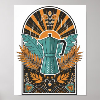 Vintage Moka Pot Coffee Arch - Retro Boho Botanica Poster