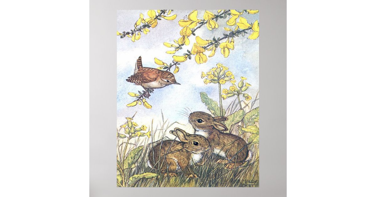 Vintage Molly Brett Art Wren and Rabbit Poster | Zazzle