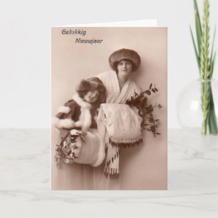 Vintage mom and daughter at christmas holiday card