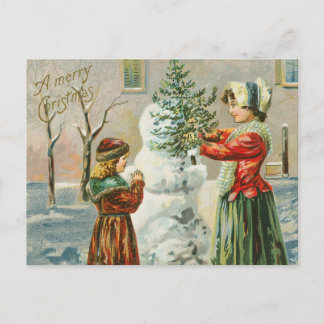 Vintage Mom and Girl Making a Snowman Holiday Postcard