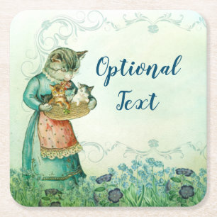 Vintage Mom Cat with Kittens Square Paper Coaster