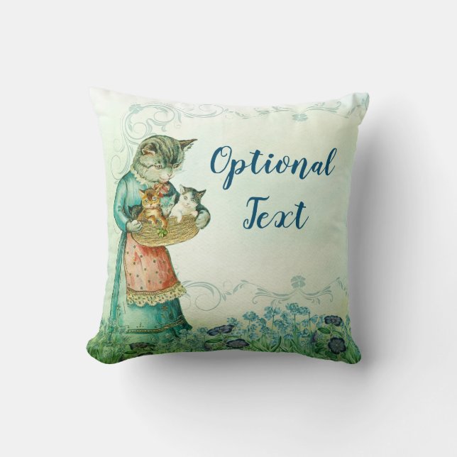 Vintage Mom Cat with Kittens Throw Pillow (Front)
