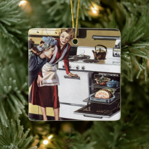Vintage Mom in the Kitchen Cooking an Easter Ham Ceramic Ornament