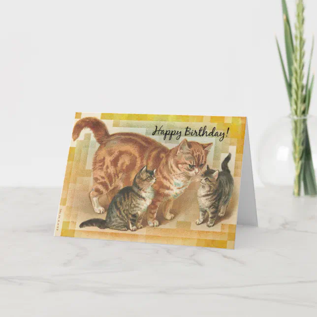 Vintage Momma Cat and Kittens, Birthday Card | Zazzle