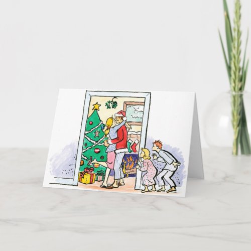 Vintage Mommy Kissing Santa Christmas Holiday Card